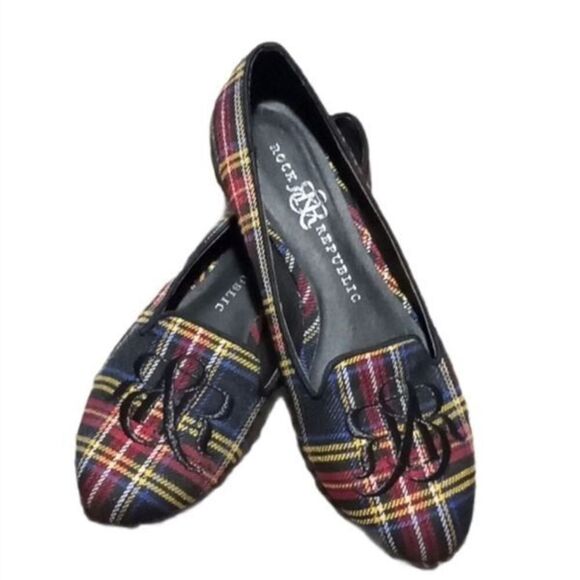Rock and Republic Red Plaid Embroided Logo Flats Size 5.5 - Picture 1 of 7